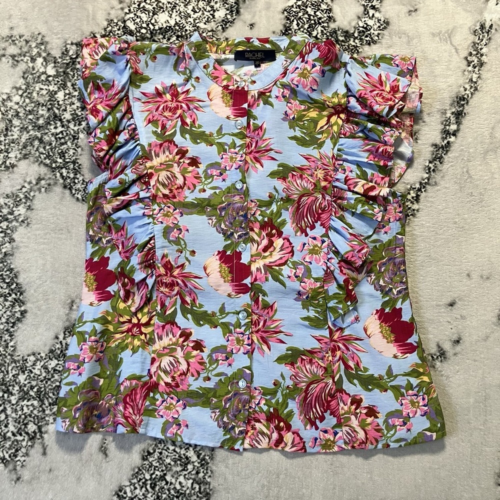 Rachel Rachel Roy Top Size L Blue Pink Floral Ruffle Button Front Rayon Blend